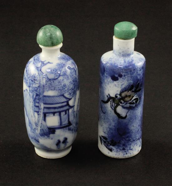 Two Chinese blue and white porcelain snuff bottles, 1860-1908, 8.2cm. and 8cm.